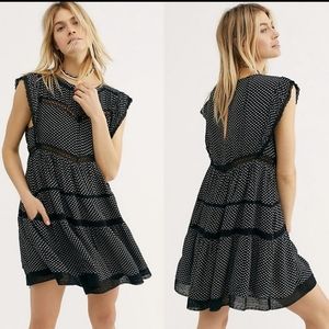 Free People Black Micro Floral Lace Tiered Flare Flowy A-Line  Mini Dress sz S